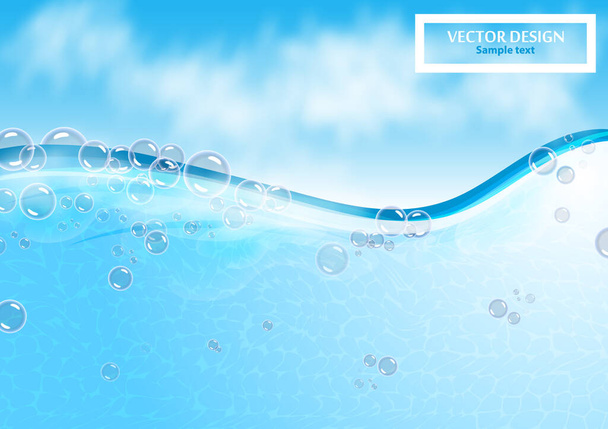 Many bubbles in clear bright water. Abstract wave, underwater background, fluffy clouds. Vector illustration for your flyer design, banner. - Vector, Image