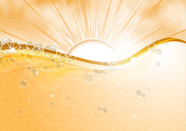 Many bubbles in the transparent light water on the background of the sun. Abstract wave, underwater background, fluffy clouds. Vector illustration for your flyer, banner design. - Vector, Image