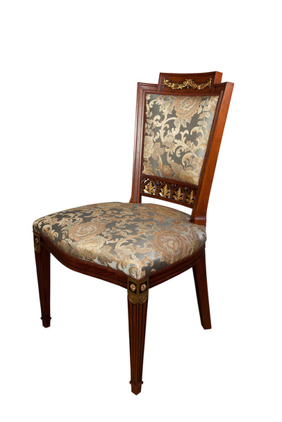 Vintage chair with jacquard upholstery. Isolated over white background. Half-turn view. - Foto, afbeelding