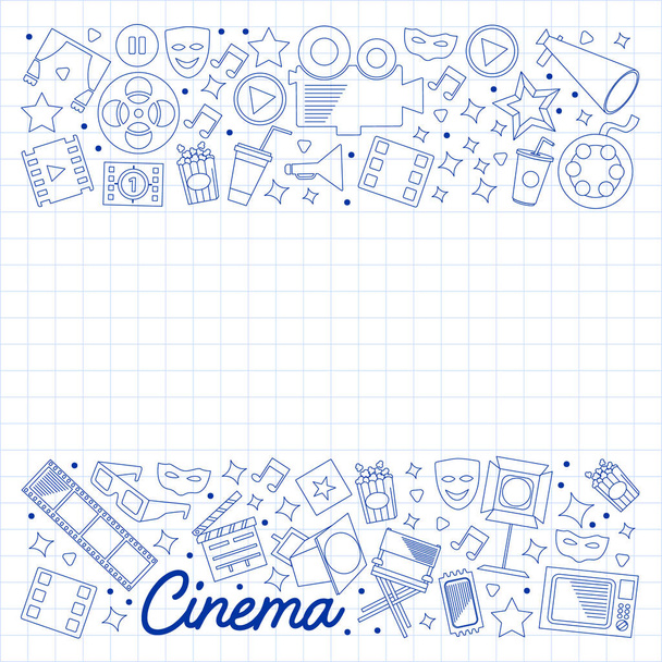 Cinema, video. Doodle set of vector icons. Megaphone, camera, movie. Musical theathre, entertaiment. - Vecteur, image