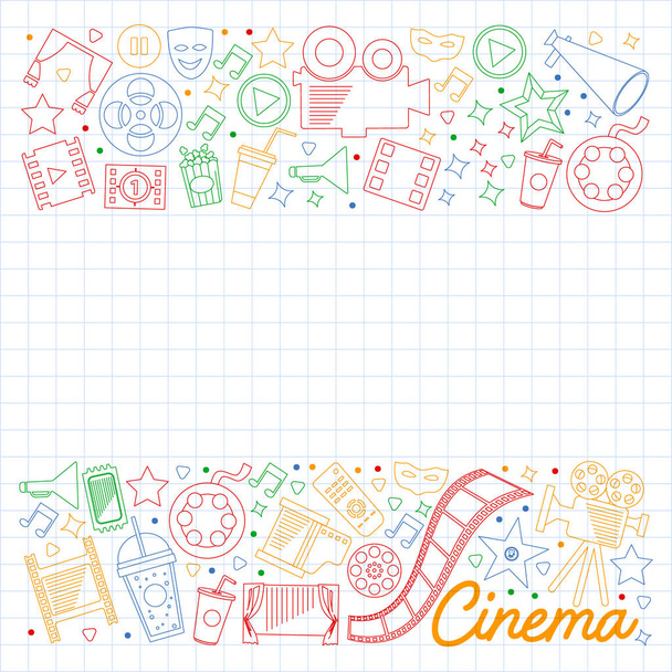 Cinema, video. Doodle set of vector icons. Megaphone, camera, movie. Musical theathre, entertaiment. - ベクター画像