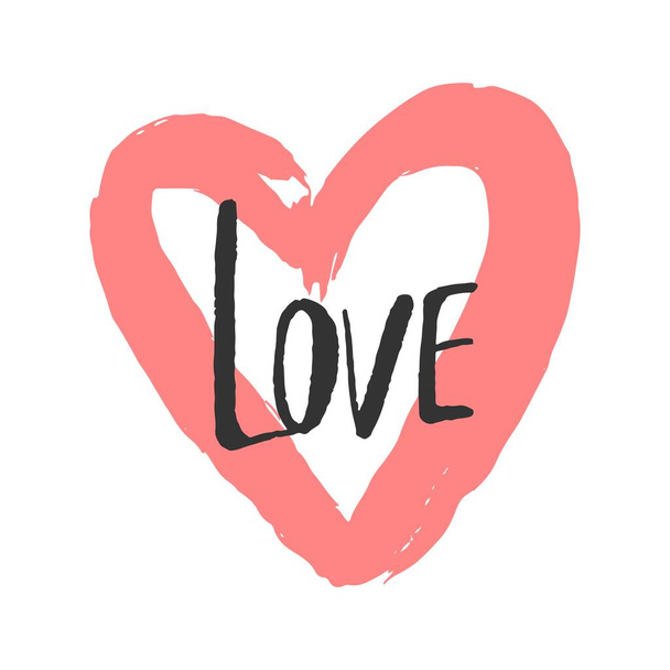 Valentines love day. Pink heart. Print design for pin, label, badge, sticker, greeting card, banner. Modern calligraphy text. Vector illustration on white background. - Vektor, Bild
