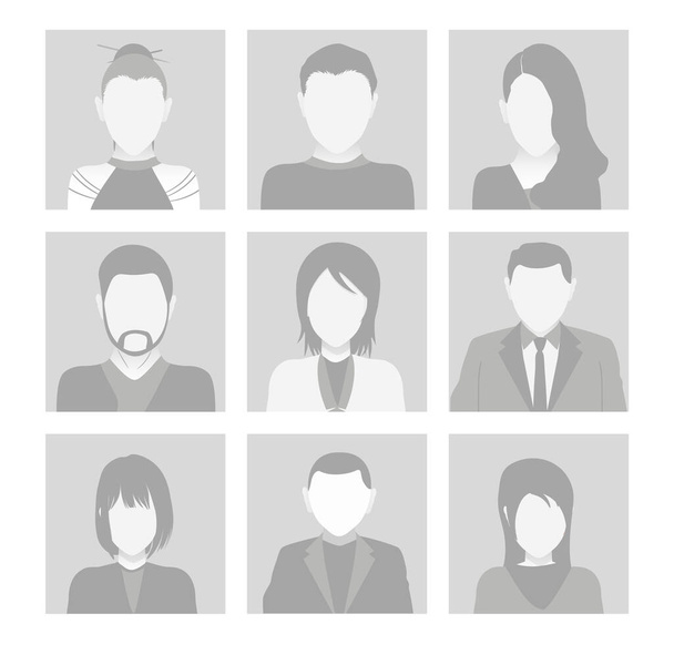 Vector Set of Faces with Hair. Flat Gray Icons of Man and Woman for Web and Mobile. Default Placeholder Avatar Profile on Gray Background. Gray photo. Beautiful Cartoon Portraits. EPS 10 - Vector, Image