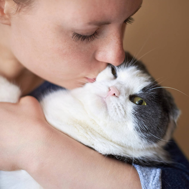 De vrouw knuffelt en kust haar schattige kat, close-up, het thema van vriendschap met huisdieren. - Foto, afbeelding