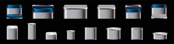 conjunto de caixas de lata. desenho animado ícone modelo de design com vários modelos. ilustração vetorial moderna isolado no fundo preto - Vetor, Imagem