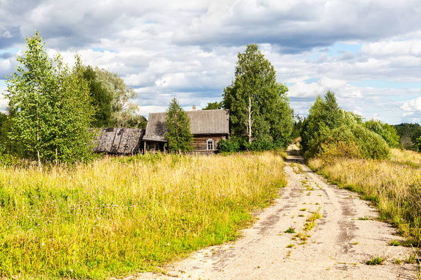 Old rural wooden house in abandoned russian village in summer sunny day. Russia, Novgorod region - Photo, Image