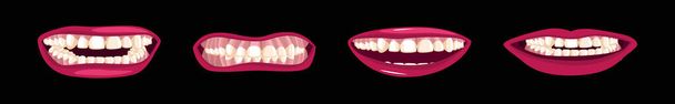 четыре разных выражения человеческого рта. шаблон иконки мультика с различными моделями. современная векторная иллюстрация на черном фоне - Вектор,изображение