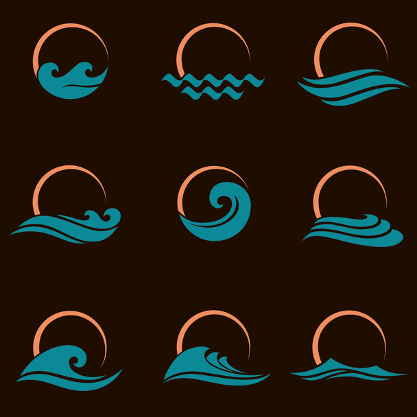 collection abstraite d'icônes soleil et mer isolées sur fond noir - Vecteur, image