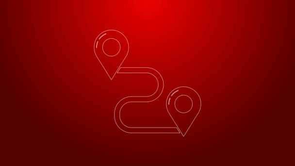 Grüne Linie Routenortungssymbol auf rotem Hintergrund isoliert. Kartenzeiger-Zeichen. Konzept von Weg oder Straße. GPS-Navigator. 4K Video Motion Grafik Animation - Filmmaterial, Video