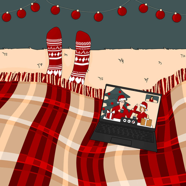 Video call with family or friends on Christmas Πρωτοχρονιά. Το άτομο είναι κάτω από το κόκκινο καρό σε πλεκτές κάλτσες - Διάνυσμα, εικόνα