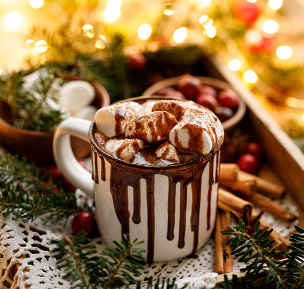 Hot chocolate with marshmallows and cinnamon in a ceramic mug on the festive table - 写真・画像
