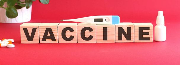 Η λέξη VACCINE είναι κατασκευασμένο από ξύλινα κύβους σε κόκκινο φόντο με ιατρικά φάρμακα. - Φωτογραφία, εικόνα