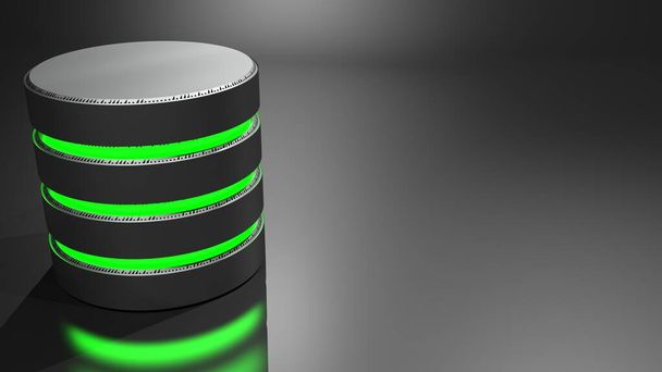 DATABASE-Technologie Konzeptbild mit metallischen Scheiben und grünem Licht - 3D-Darstellung - Foto, Bild