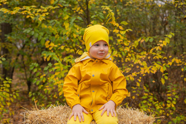 cute beautiful prescholer boy in an orange pants, raincoat, hat, rubber boots sitting on a pile of hay. Cosiness, autumn. - Photo, Image