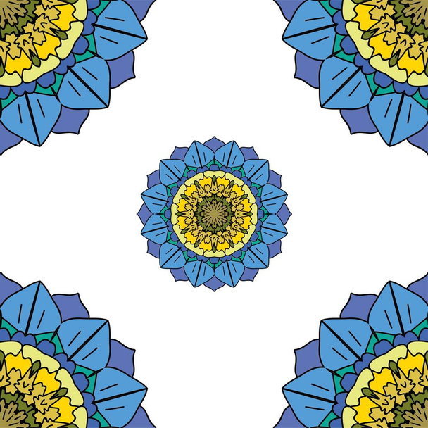Deep blue and white geometric floral pattern. Botanical mandala inspired by myosotis flower (the common name "forget-me-not"). Yellow and blue on white background. Tiny flowers seamless pattern. - Vector, Image