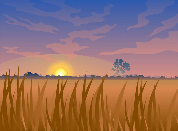 Schöne realistische Vektorlandschaft. Morgendlicher Sonnenaufgang auf dem Land. Feld und Einzelbaum. Im Vordergrund Gras oder Getreide. Warmer goldener Schein. Pinkfarbene Wolken. Perfekter Hintergrund für Animationen oder ein Spiel - Vektor, Bild