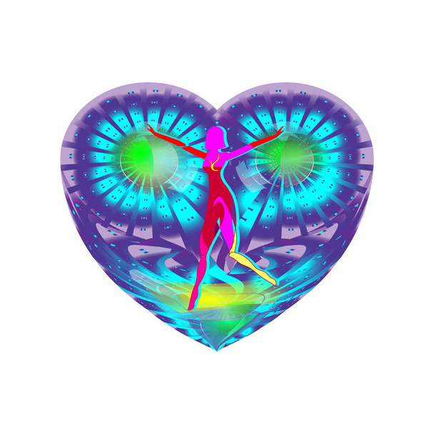 Silhouette of a girl on the background of a fantastic heart. Colorful illustration of flying feelings. Vector - Vector, Image