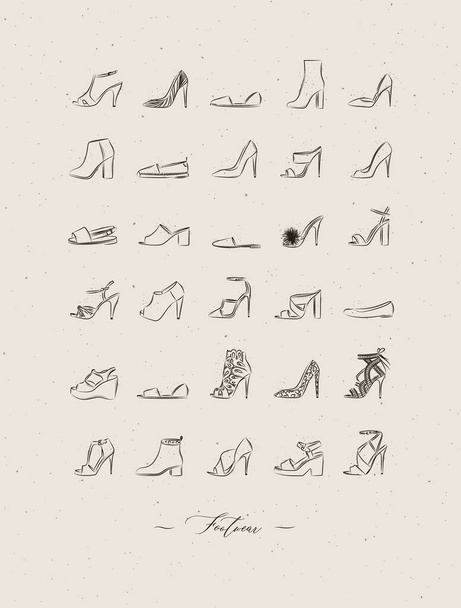 Dámské boty různé typy set kresba ve stylu vintage na béžovém pozadí - Vektor, obrázek