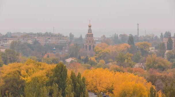 Beautiful autumn landscape with bell tower on grey sky background. Golden trees. - Photo, Image