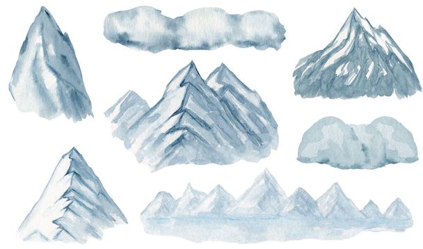 Aquarell Berg hohe Spitze Zeichnung, Illustration, Winter wilde Naturlandschaft, Ökologie Berge Silhouette isoliert Raster Hand gezeichnet - Foto, Bild