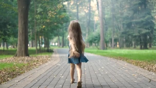 Achteraanzicht van een klein kind meisje in de zomer jurk lopen alleen in groen park. - Video