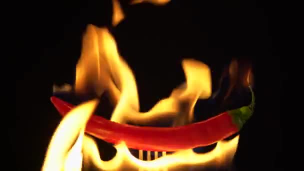 Κόκκινη καυτερή πιπεριά τσίλι σε φωτιά σε μαύρο φόντο. Πικάντικο πιπέρι - Πλάνα, βίντεο
