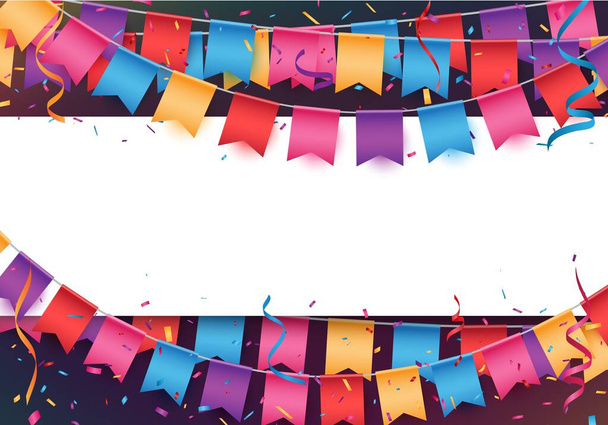 Bandera de celebración de cumpleaños con banderas de banderines coloridos - Vector, imagen