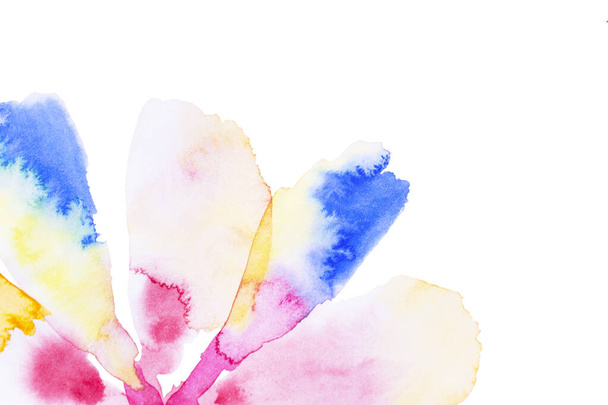 Hintergrund große Ecke Element Aquarell, abstrakte Nachahmung Blütenblätter der Blume Viola tricolor. Pinselstrich von Hand gezeichnet, vereinzelte Flecken auf Weiß malen. Nasser Pinsel bemalt, verschmierte Illustration. Designkunst - Foto, Bild