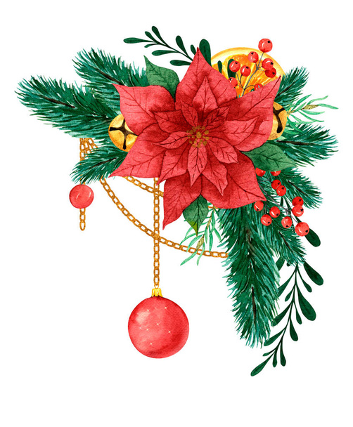 Guirnalda floral de Navidad acuarela con poinsettia, ramas, campanas, juguetes, bayas, elementos dorados aislados sobre un fondo blanco. Para invitaciones, saludos y textiles. - Foto, imagen