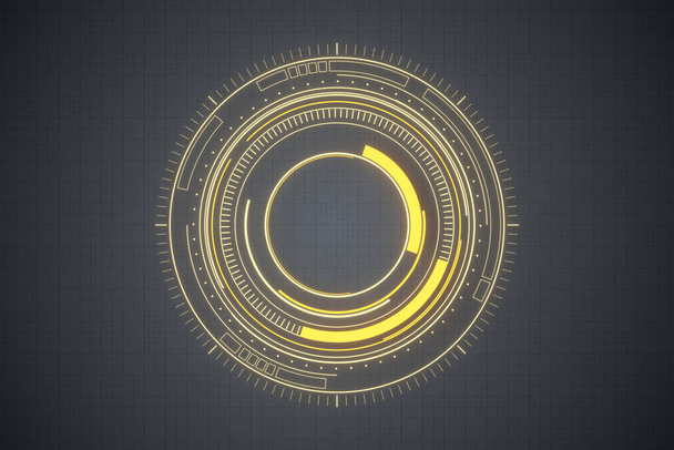 Glühende goldene HUD-Kreise, Science-Fiction-Hintergrund, 3D-Darstellung. Digitale Computerzeichnung. - Foto, Bild