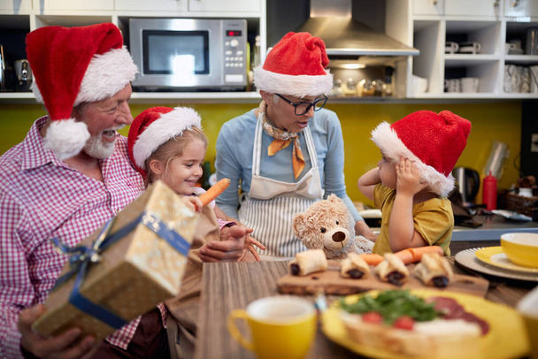 Grandparent like to be with grandchildren in a festive atmosphere in the kitchen for a Xmas. Christmas, family, together - 写真・画像