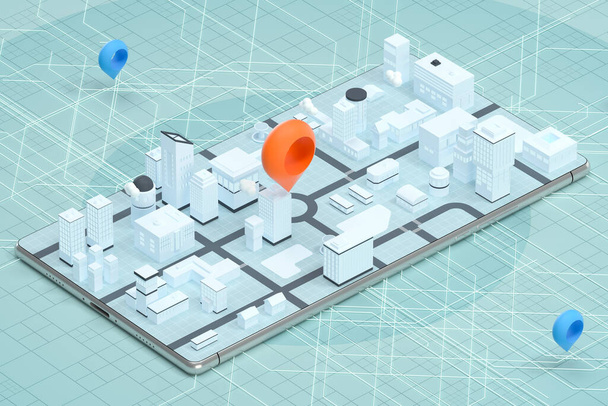 3D-s város a mobiltelefonon, helymeghatározóval, 3D-s rendereléssel. Számítógépes digitális rajz. - Fotó, kép