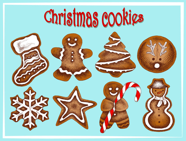 Vector illusztráció vázlat kézzel rajzolt készlet karácsonyi színes cookie-kat cukorka. Mézeskalács ember, hópihe, zokni, karácsonyfa, csillag, hóember, szarvas. Hagyományos ünnepi ételek évjárat szerinti tervezése. - Vektor, kép