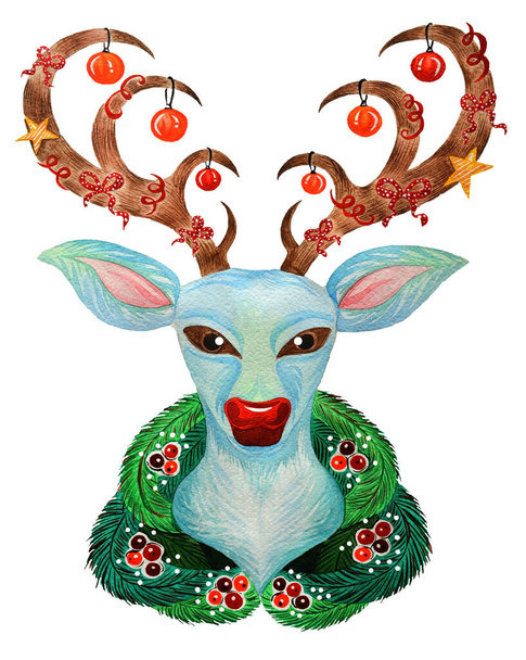 Εικονογράφηση του χεριού ακουαρέλα ζωγραφισμένα Χριστούγεννα deer.Illustration απομονώνονται σε λευκό φόντο. Νέο έτος και Καλά Χριστούγεννα κάρτα ή poster.Christmas μπάλες και τα τόξα στα κέρατα. - Φωτογραφία, εικόνα
