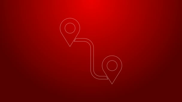 Zöld vonal Útvonal helyét ikon elszigetelt piros háttér. Térképes mutató jel. Az ösvény vagy az út fogalma. GPS navigátor. 4K Videó mozgás grafikus animáció - Felvétel, videó