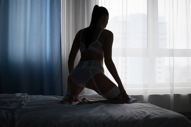 Vista posteriore di attraente signora nuda sottile in biancheria intima in posa sul letto vicino alla finestra in camera oscura - Foto, immagini