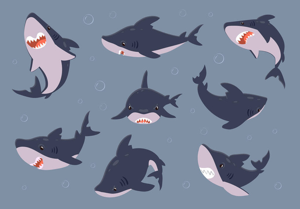 Een tekenfilmhaai. Zeevissen zwemmen in het water. Gevaarlijk roofdier met een open tanden mond. Onderwater dieren bekijken van verschillende kanten. Attentie waarschuwingsbord sjabloon. Vectoroceaanverzameling - Vector, afbeelding