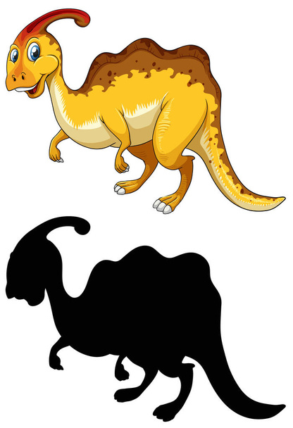 Conjunto de personagem de desenho animado de dinossauro e sua silhueta na ilustração de fundo branco - Vetor, Imagem