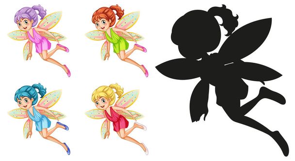 Set of fairy characters and its silhouette on white background illustration - Vector, Image