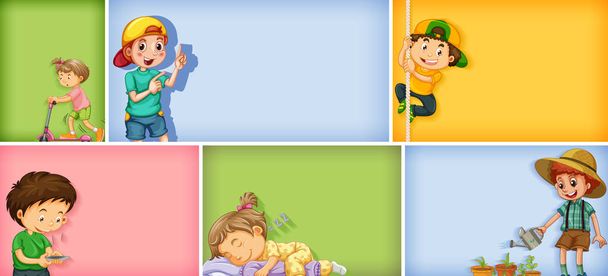 Zestaw różnych postaci dzieci na różne kolorowe tło ilustracji - Wektor, obraz