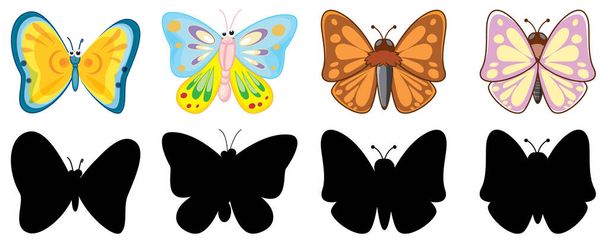 Set of insect cartoon character and its silhouette on white background illustration - Vector, Image