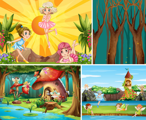 Für verschiedene Szenen der Fantasywelt mit Fantasyorten und Fantasyfiguren wie Kürbishaus und Feen-Illustration - Vektor, Bild