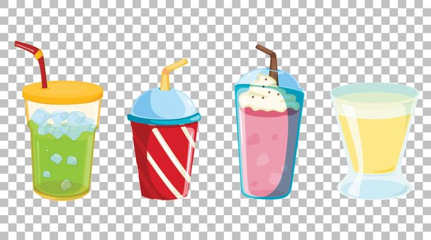Set of different types of soft or sweet drinks isolated on transparent background illustration - Vector, Image