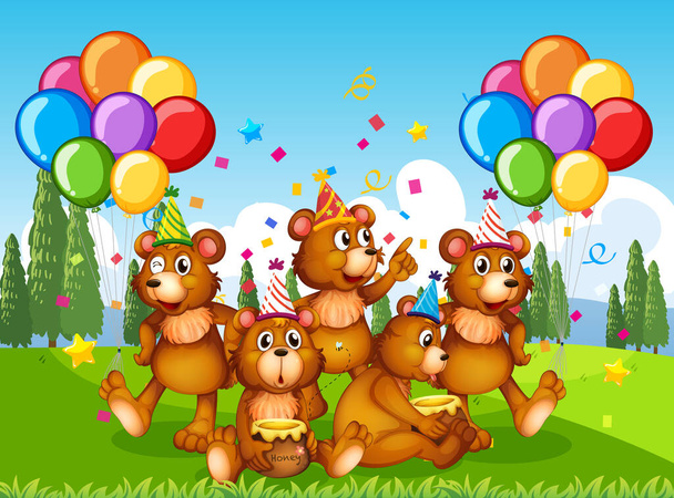 Grupo oso polar en el tema del partido personaje de dibujos animados en la ilustración de fondo del bosque - Vector, imagen