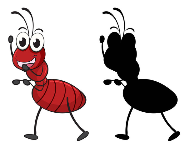 Set van insect cartoon karakter en zijn silhouet op witte achtergrond illustratie - Vector, afbeelding