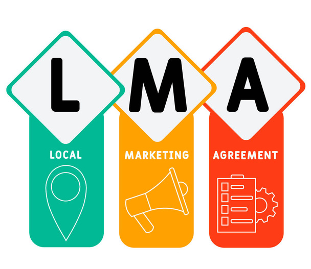 LMA - Local Marketing Agreement acroniem, business concept. tekst belettering typografie ontwerp illustratie met lijn pictogrammen en ornamenten. Internet website promotie concept vector lay-out. - Vector, afbeelding