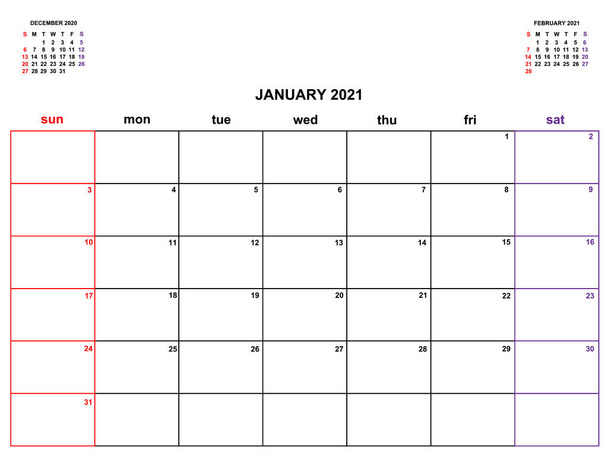 Calendar and organizer planner for January 2021 - Вектор,изображение