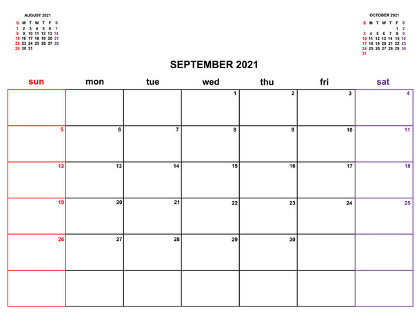 Calendar and organizer planner for September 2021 - Vector, Image