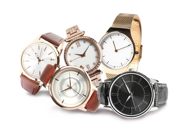 Collage of stylish watches on white background - Photo, Image