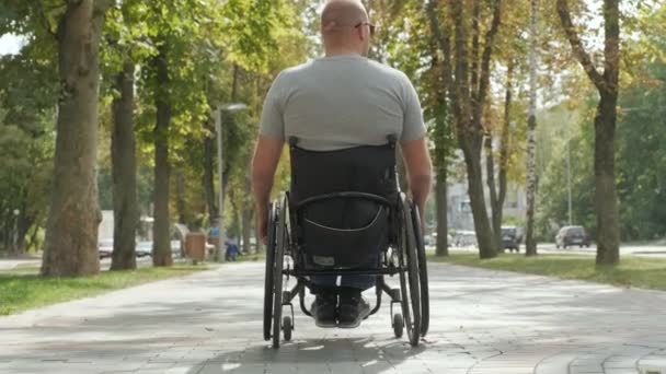 Tekerlekli sandalyedeki engelli adam parkta yürüyor. - Video, Çekim
